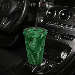 Simple Stylish With Lid Plastic Hot Drilling Drink Cup With Straw (Option: Green Rhinestone)