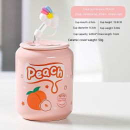 Creative Coke Bottle Ceramic Cup Fruit Cup With Straw Home Couple Gift (Option: Coke Bottle Cap Pink Peach-420ML)