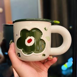 Cute Girl Heart Ceramic Cup With Lid (Option: Green Flower Cup 320ml-About 320ml)