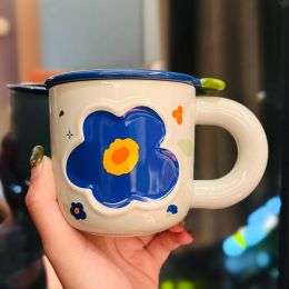 Cute Girl Heart Ceramic Cup With Lid (Option: Blue Flower Cup 320ml-About 320ml)