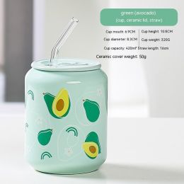 Creative Coke Bottle Ceramic Cup Fruit Cup With Straw Home Couple Gift (Option: Coke Bottle Avocado-420ML)