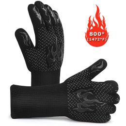 BBQ Gloves Extreme Heat Resistant Protective Cooking Gloves Food Grade Kitchen Oven Mitts Silicone Non-Slip for BBQ Cooking Baking (Color: black A)