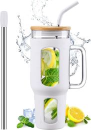 Glass Tumbler With Lid And Straw, 46 Oz Iced Coffee Cup With Handle, Glass Water Bottles With Silicone Sleeve, Glass Cup With Straws (Color: White)